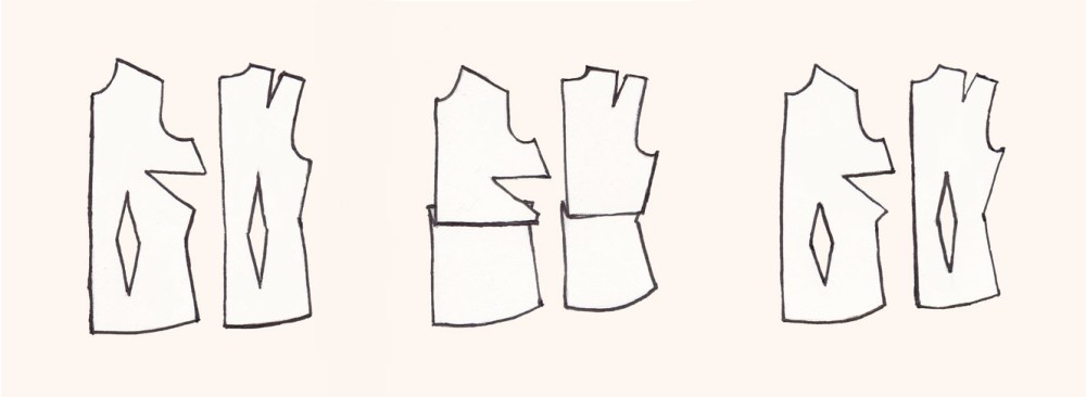 How to overlap a sloper pattern to adjust. Click through to bluehoursatelier.com for free sloper pattern downloads and resources to help adapt them to your measurements.