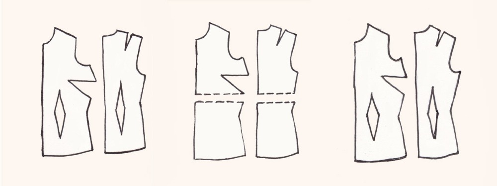 How to slash and spread a sloper pattern to adjust. Click through to bluehoursatelier.com for free sloper pattern downloads and resources to help adapt them to your measurements.